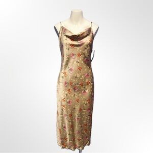 Bebe Tan Floral Satin Slip Dress Cowl Top